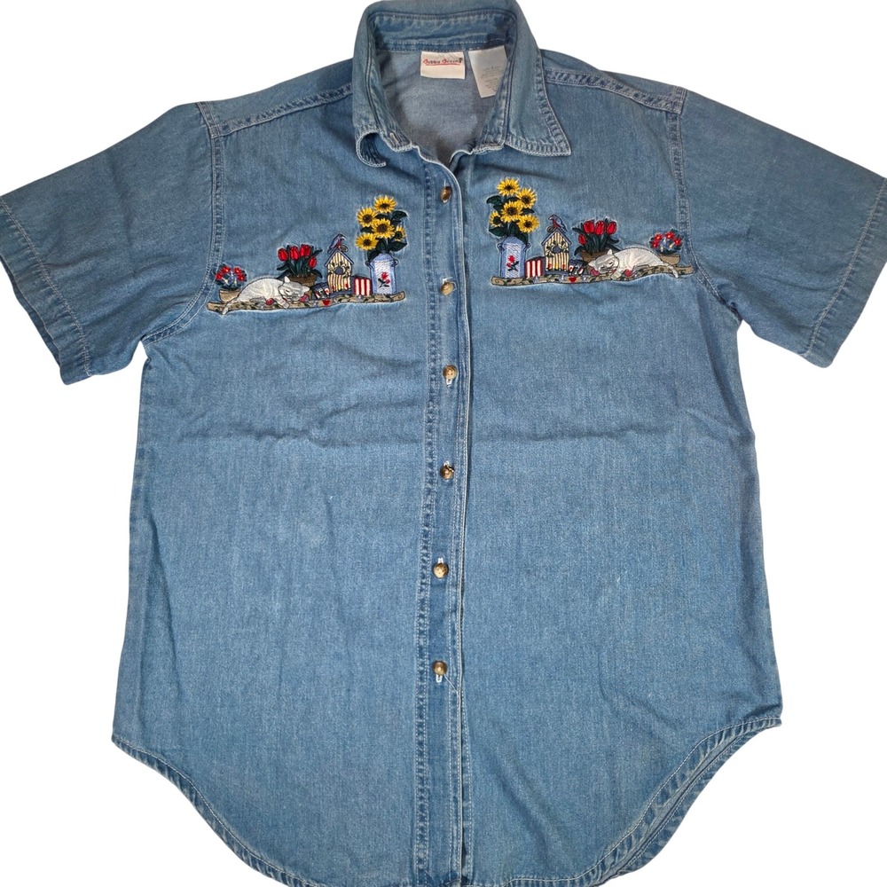 VTG 90s Bobbie Brooks Womens S Denim Shirt Embroidered Cat Lover Grannycore